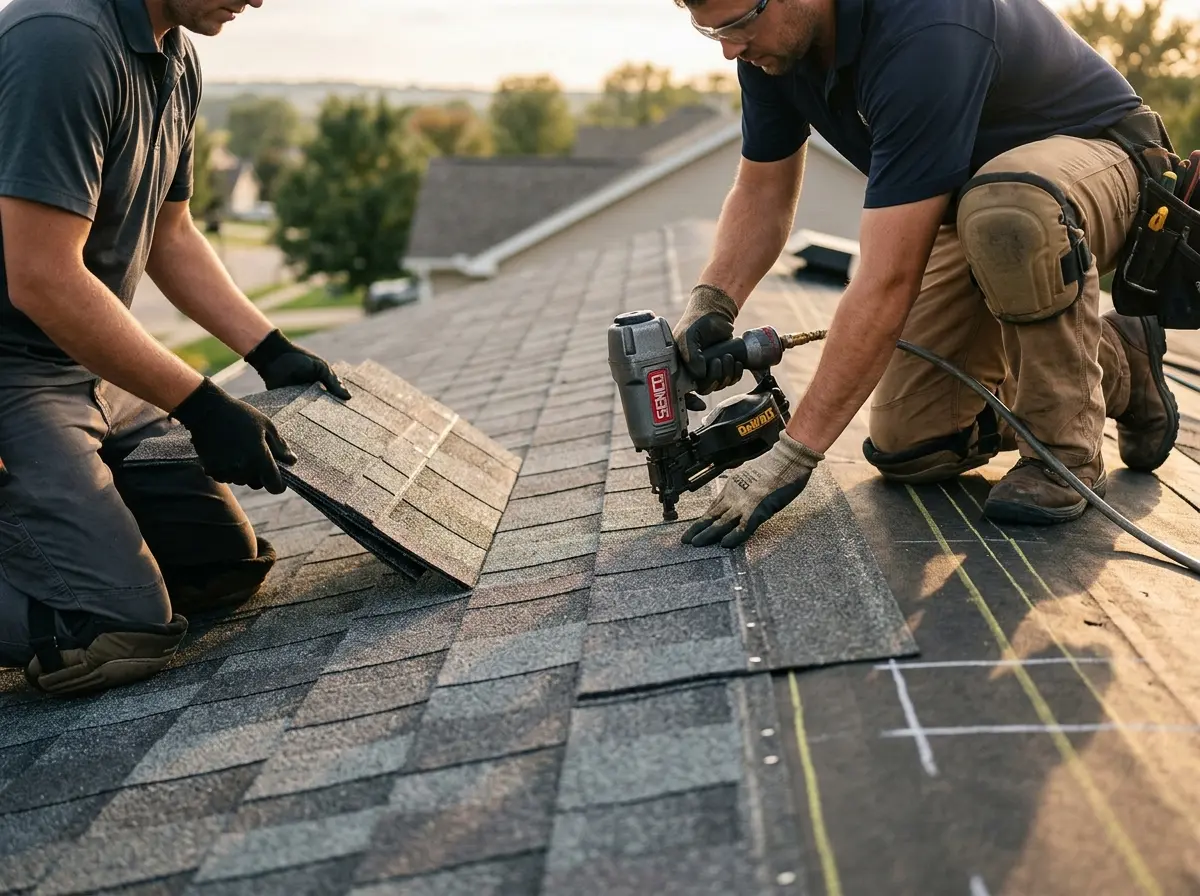 Professional roofer working on a residential roof in Wilsonville